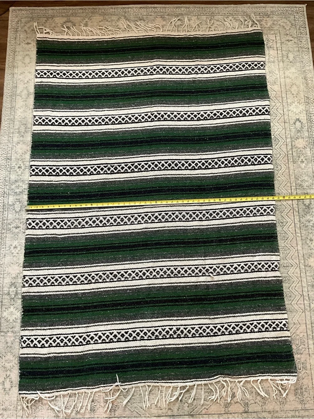 Mexican Serape Throw Blanket Woven Striped Green Black White with Fringe